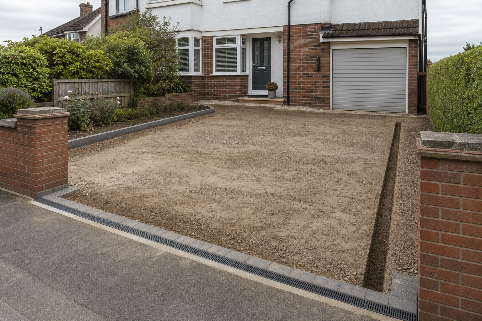 A freshly prepared gravel driveway leads to a brick house with a garage and front garden.