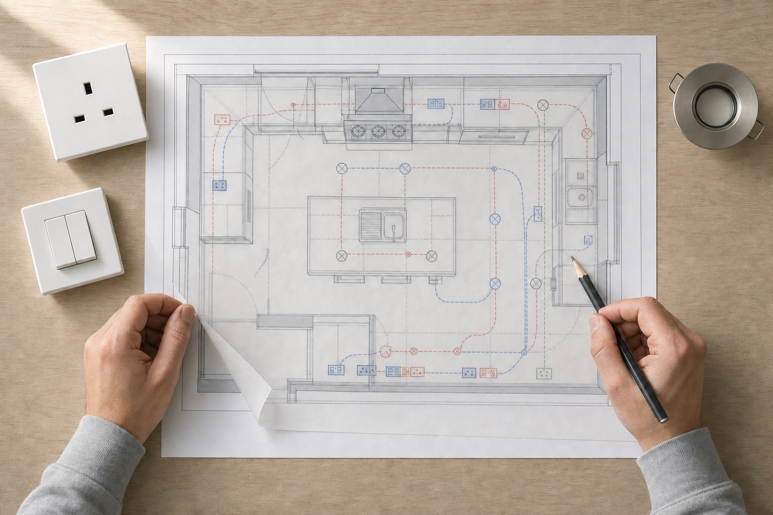 Person reviewing and annotating an electrical layout plan for a kitchen renovation.
