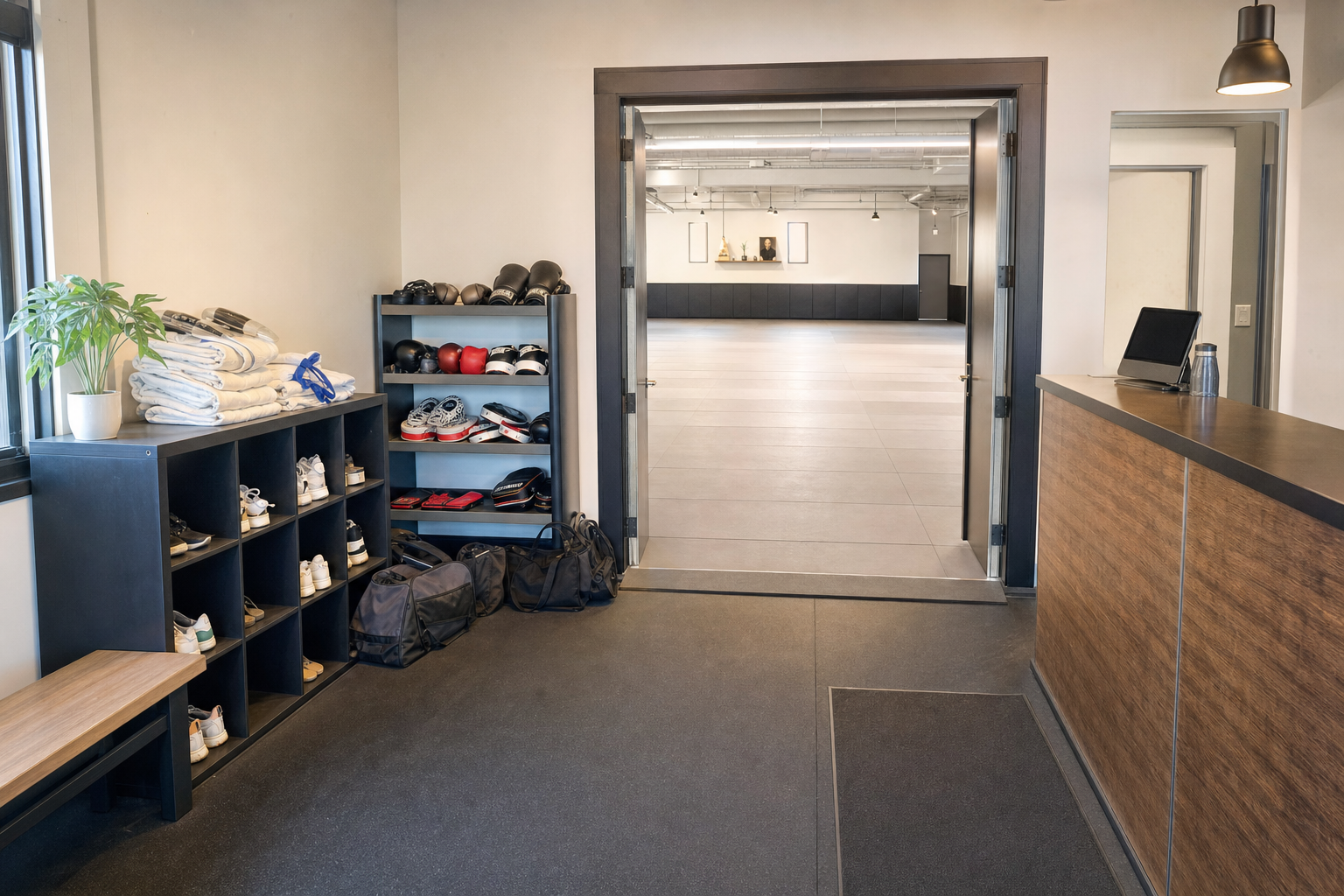 Martial arts studio entrance with shelves of equipment and an open door leading to a spacious training area.