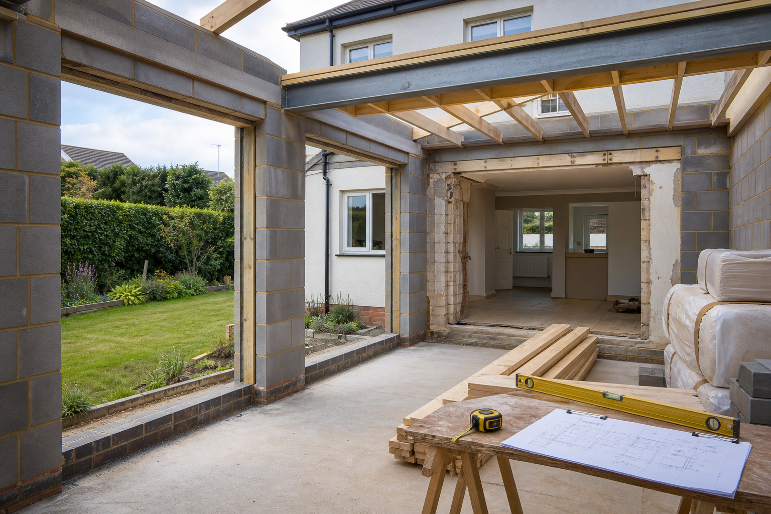 House extension under construction with exposed beams and building materials in the foreground.