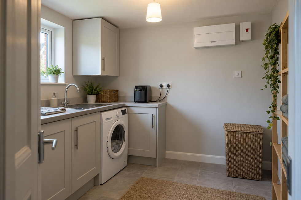 Modern utility room with a washing machine, sink, plants, wicker basket and shelving, lit by a ceiling light.