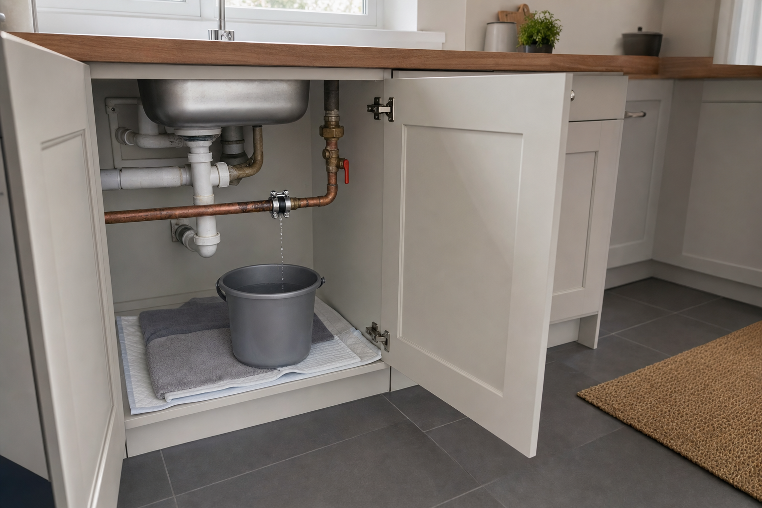 A kitchen sink cupboard with a bucket collecting water from a leaky pipe above towels.