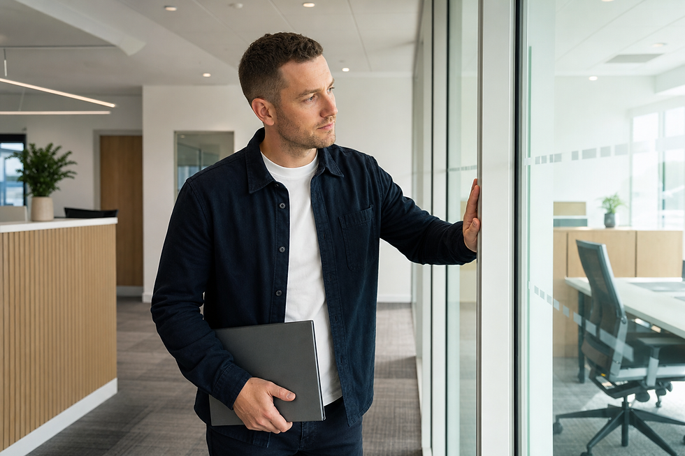 Man holding a laptop gazes thoughtfully out of a window in a modern office.