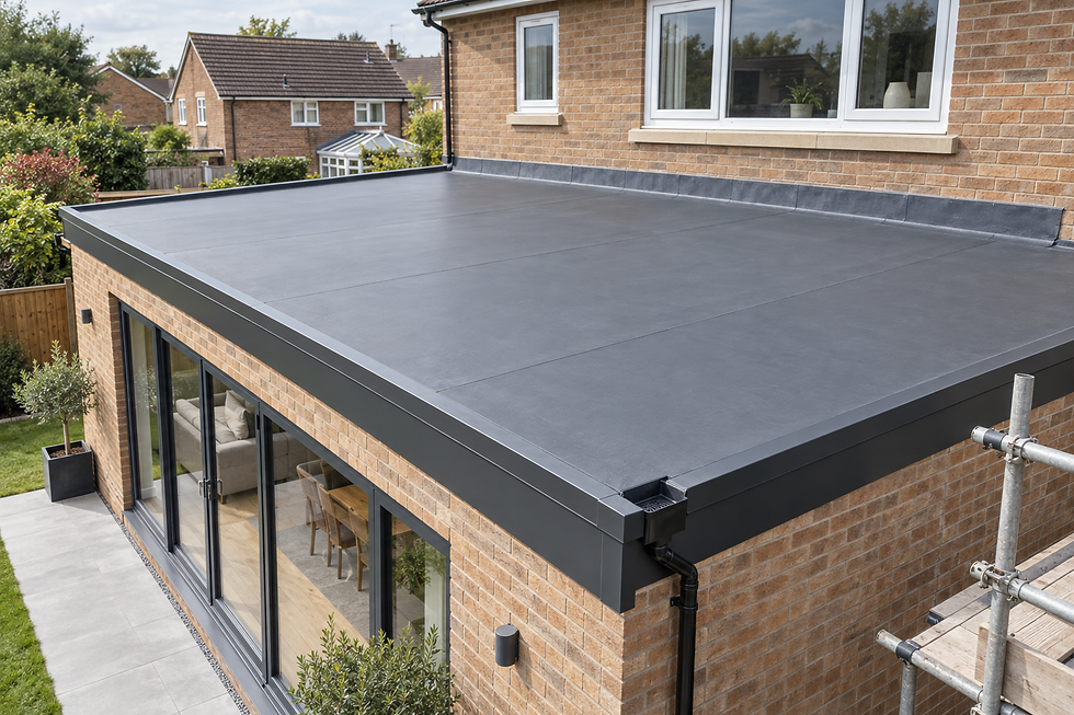 Modern flat roof extension with large windows and brick exterior, overlooking a neatly kept garden in a suburban area.
