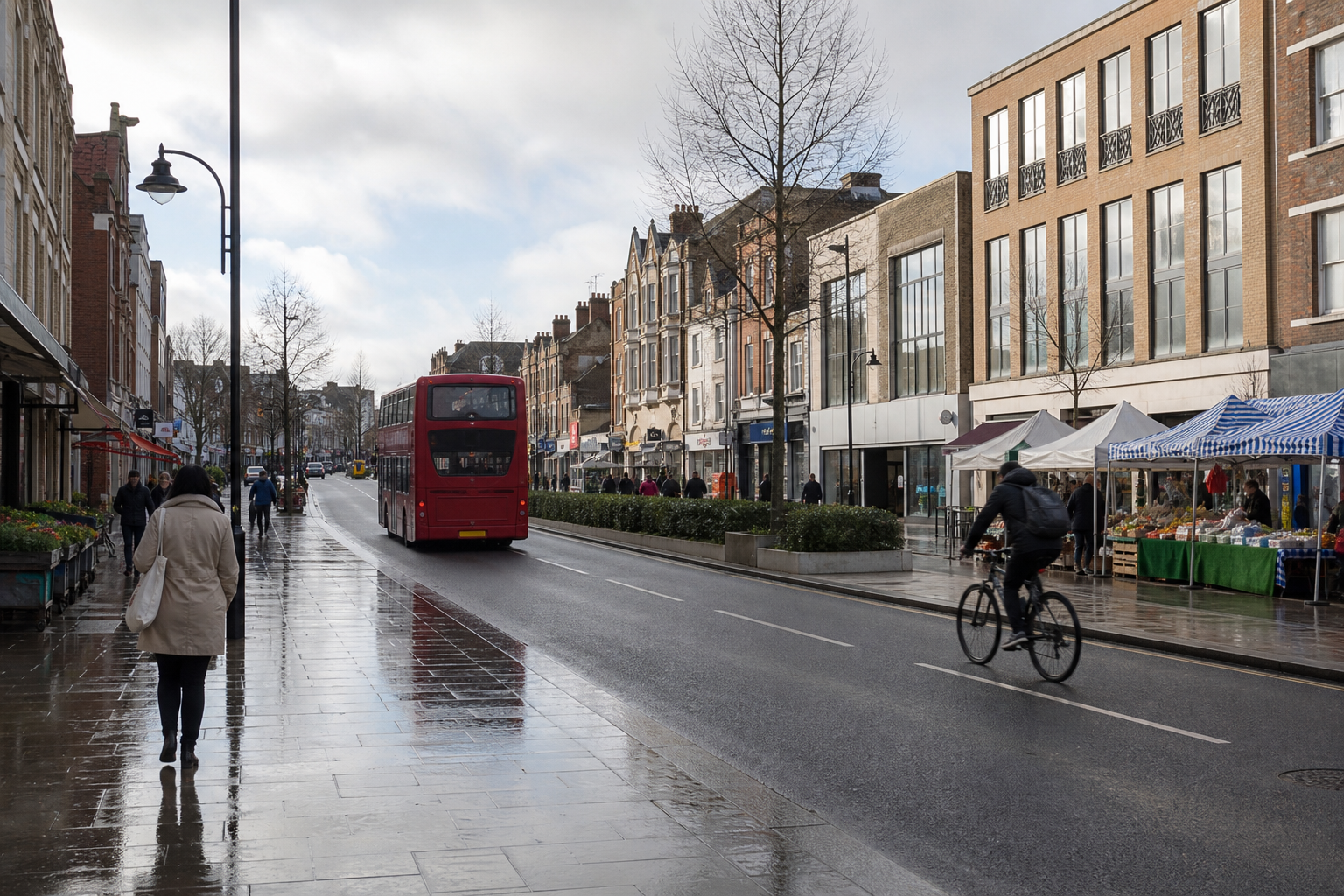Street scene with a red double-decker bus, cyclist, and pedestrians near market stalls on a wet day.