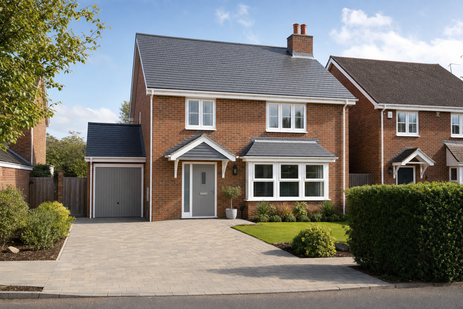 A red brick detached house with a grey tiled roof, garage, and neat front garden on a sunny day.
