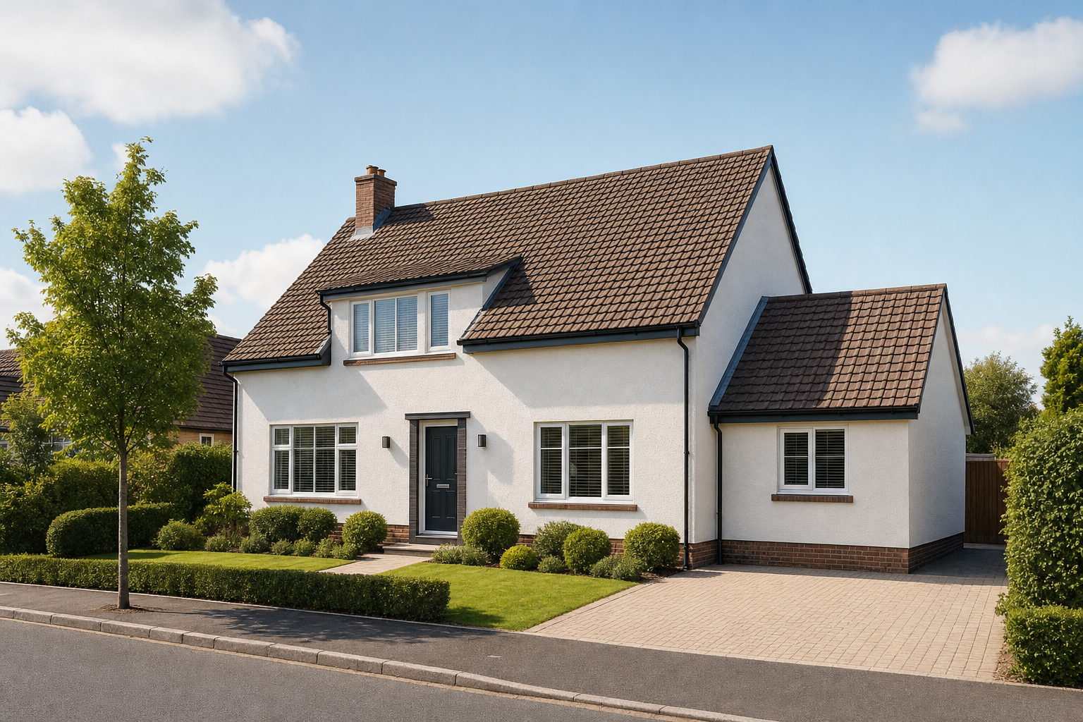 A detached house with a tiled roof and well-kept garden on a sunny day.