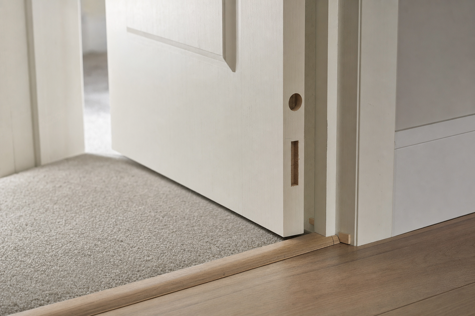 A white interior door slightly ajar, showing the transition from carpet to wooden flooring.