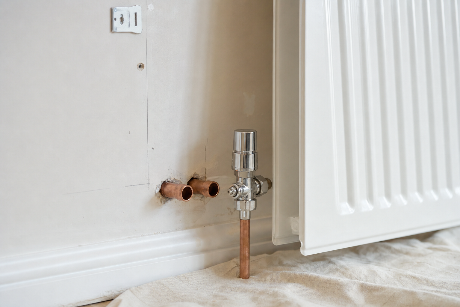 A newly installed radiator pipe and valve against a white wall with exposed copper tubing.