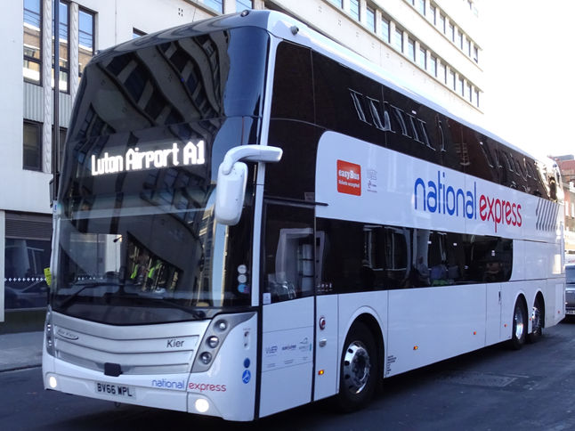 A new type to National Express services is Reg: BV66 WPL a Scania K410UD6/Caetano Boa Vista which has been named Kia. This is allocated to regular service A1 to Luton Airport seen outside of Victoria Coach Station, London.