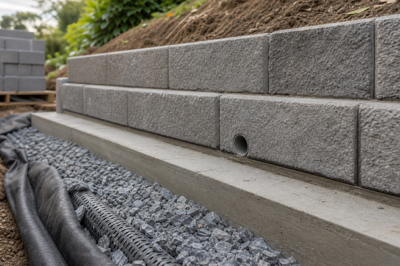 A newly constructed retaining wall with drainage pipe and gravel base in a garden setting.
