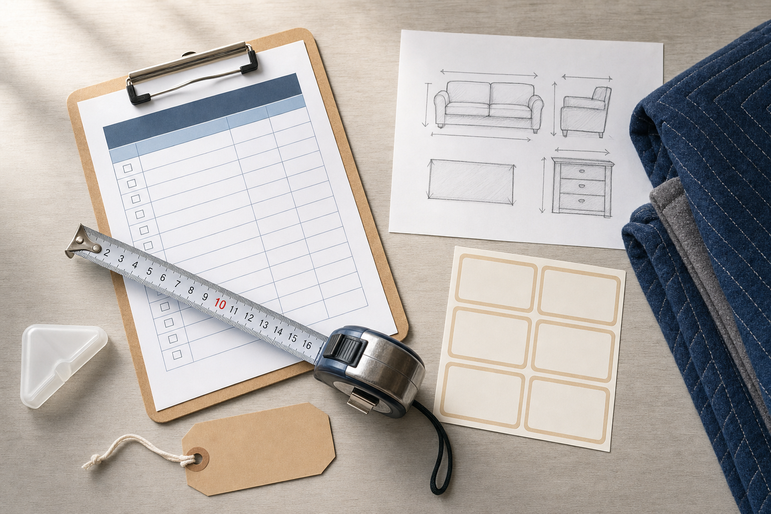 Design planning setup with clipboard, measuring tape, furniture sketches, labels, and fabric samples on a light surface.