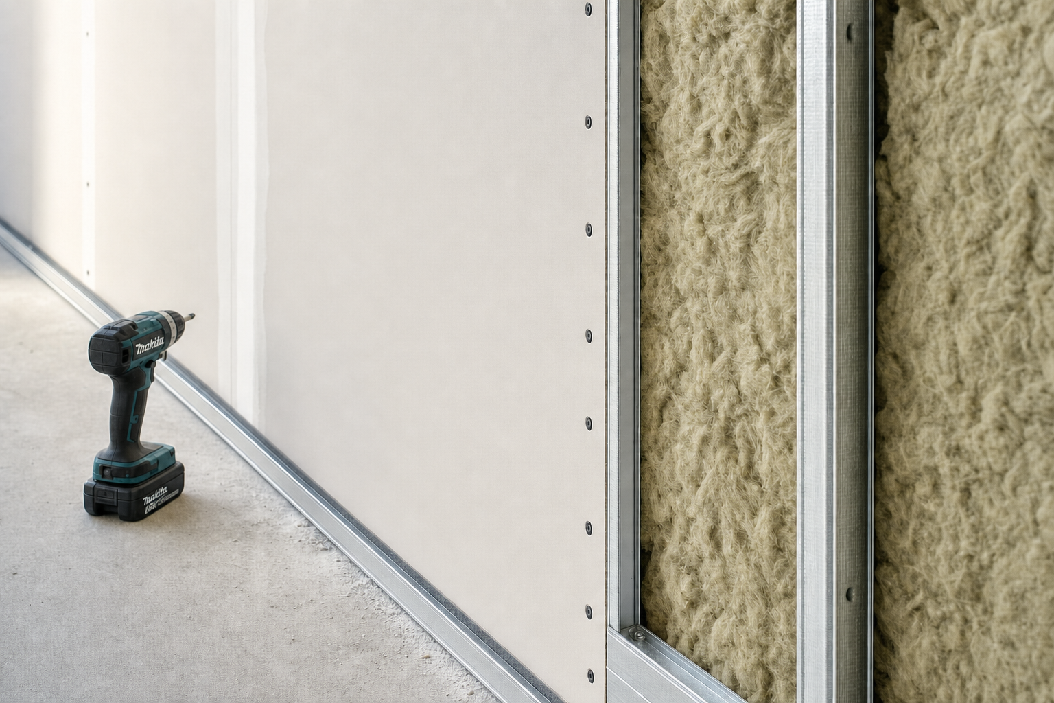 A cordless drill rests on the floor next to a partially completed insulated wall with metal studs and panelling.