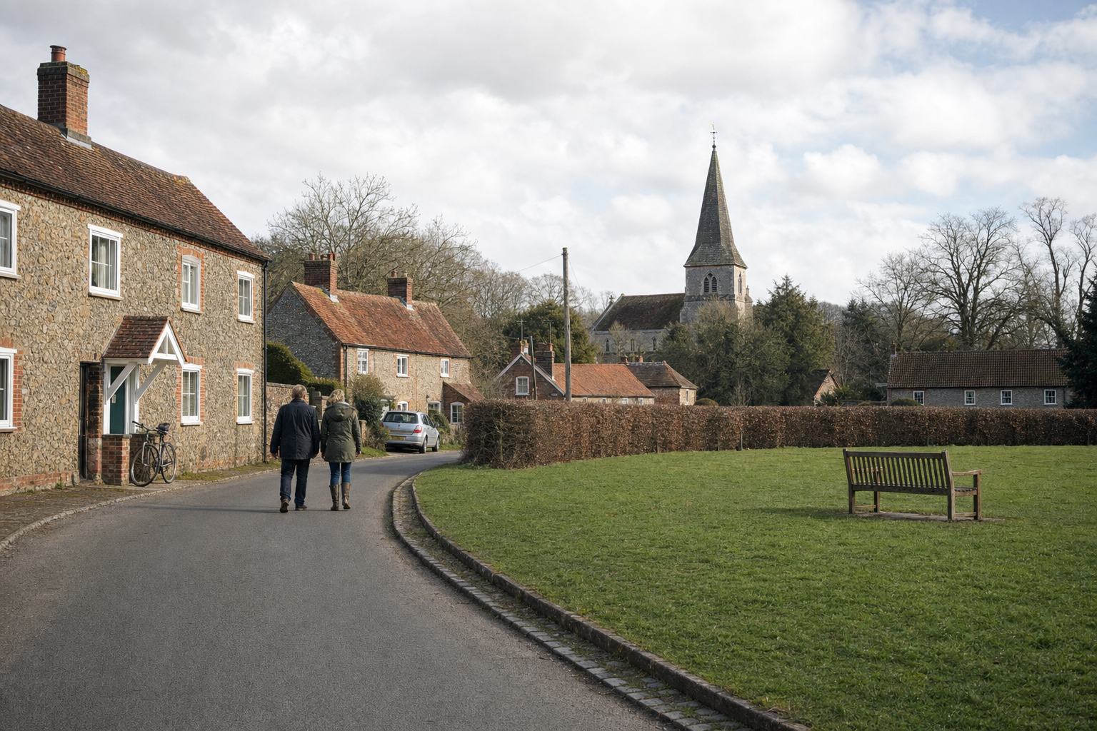 Couple walking on a quiet country road past stone cottages and a church with a spire, on a cloudy day.