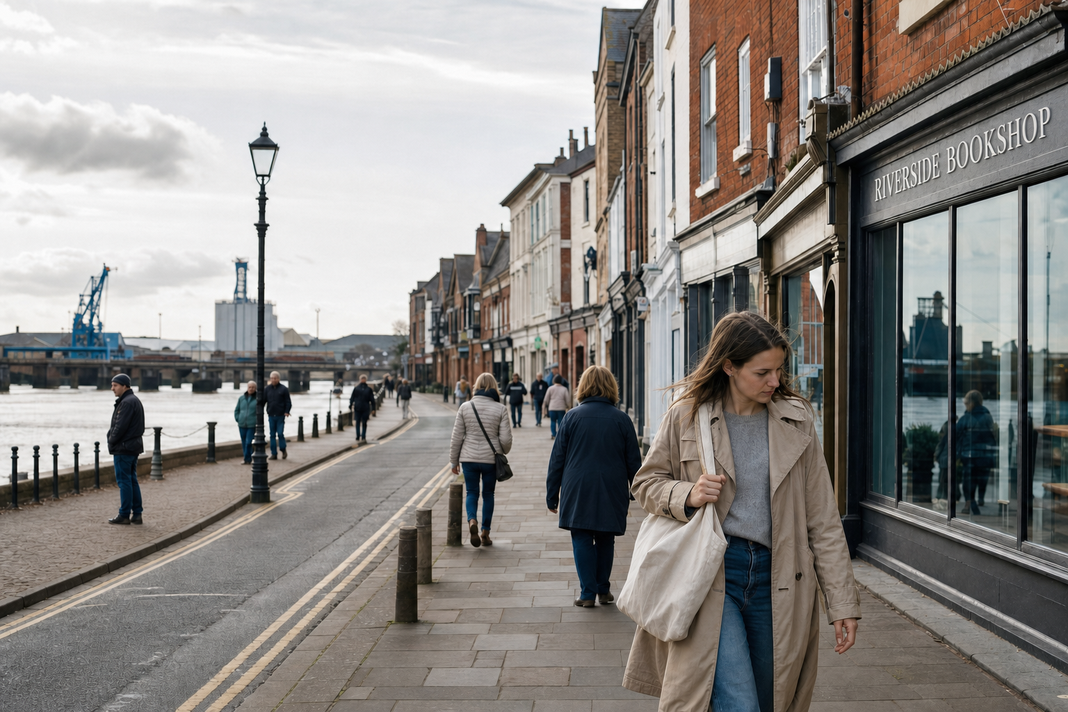 People walking along a riverside street with a bookshop, under a cloudy sky.