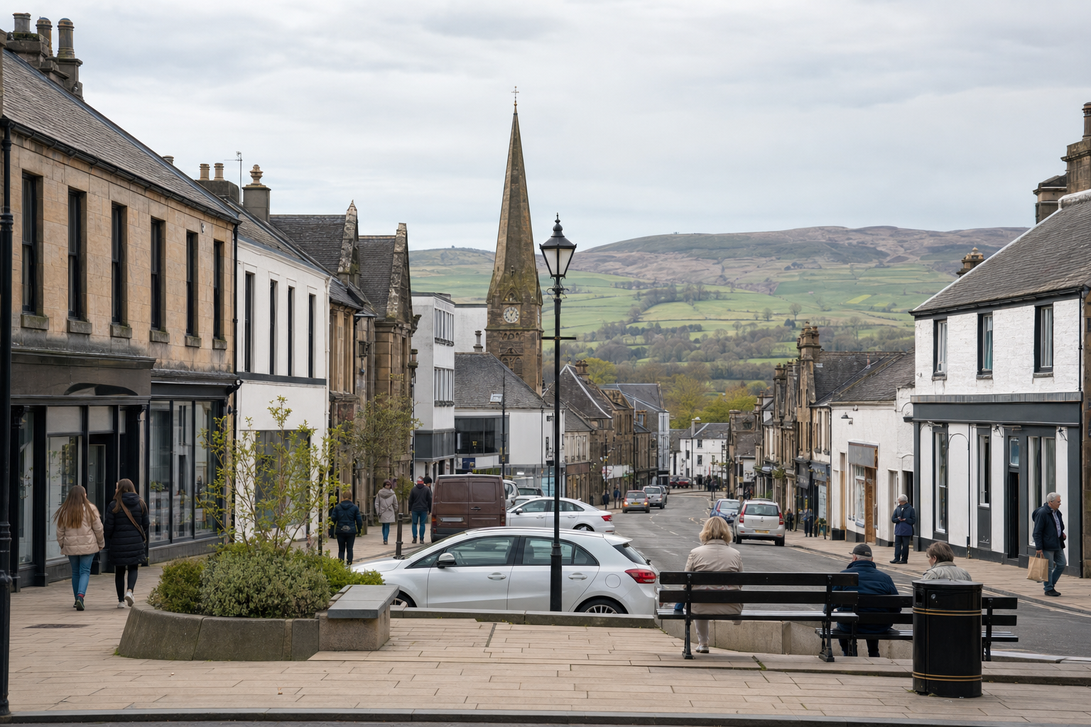 A quaint town street with people walking and sitting, flanked by historic buildings and a distant church spire.