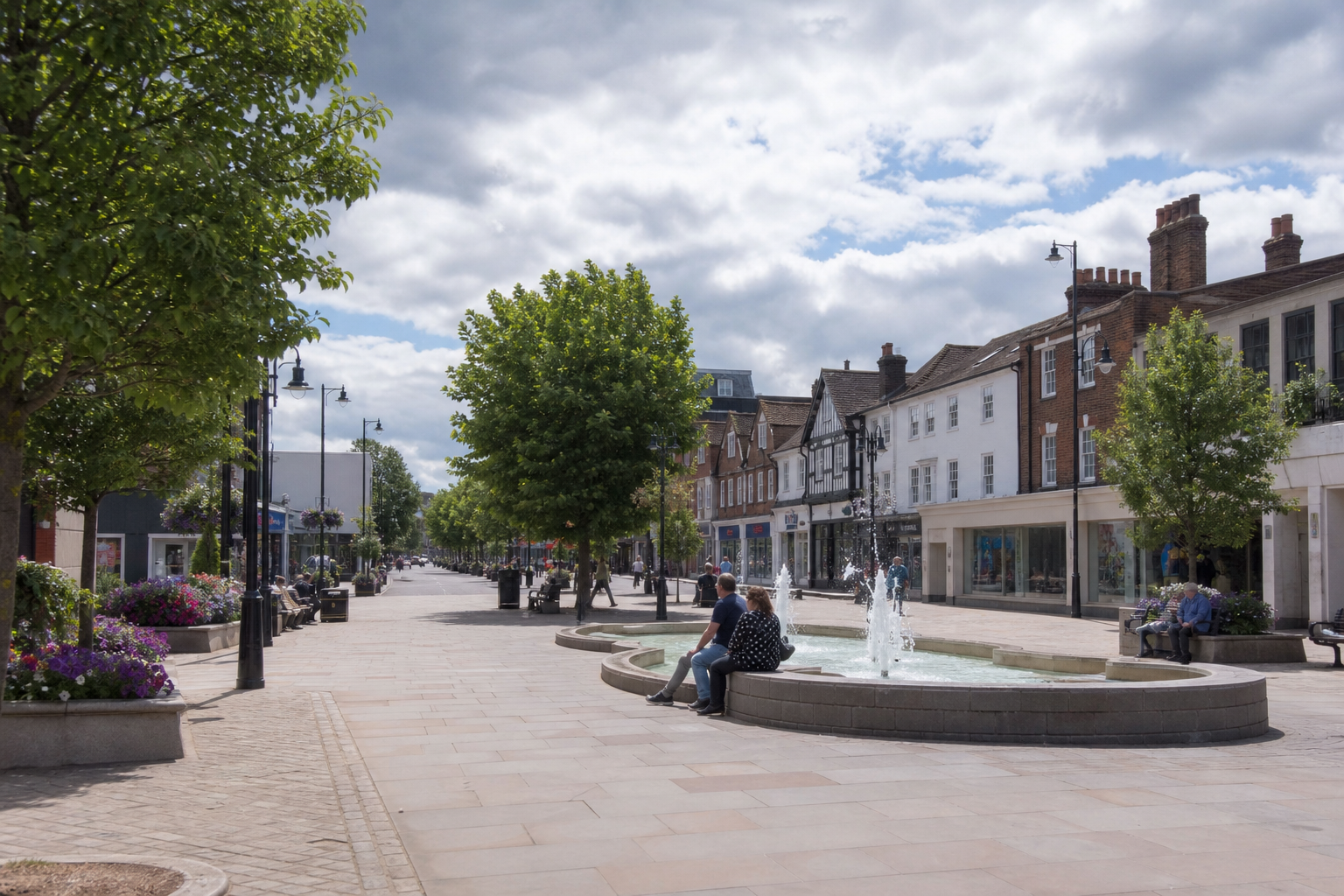 Pedestrian street with benches, trees, and people around a central fountain under a partly cloudy sky.
