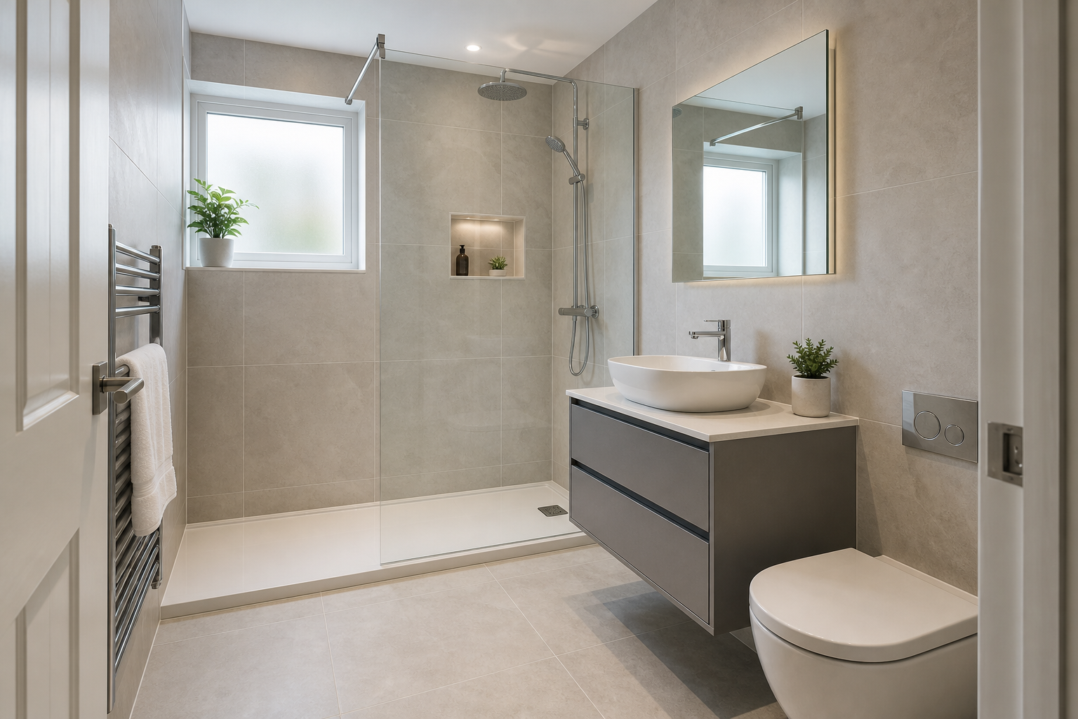 Modern bathroom with a walk-in shower, floating vanity, and grey tiles, featuring large windows and plants.