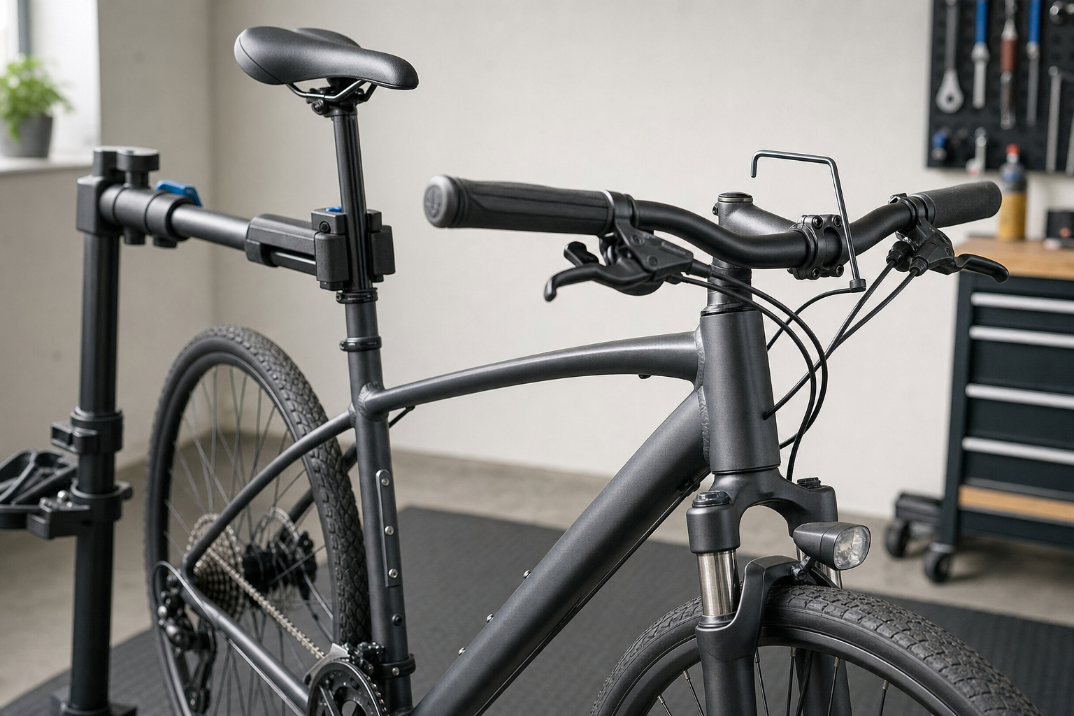 Black bicycle secured on a repair stand in a workshop setting.