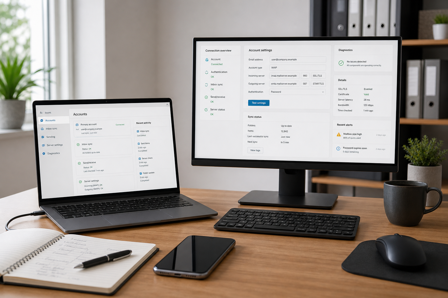 Office workspace with a laptop and monitor displaying account settings, alongside a notepad, phone, and coffee mug.