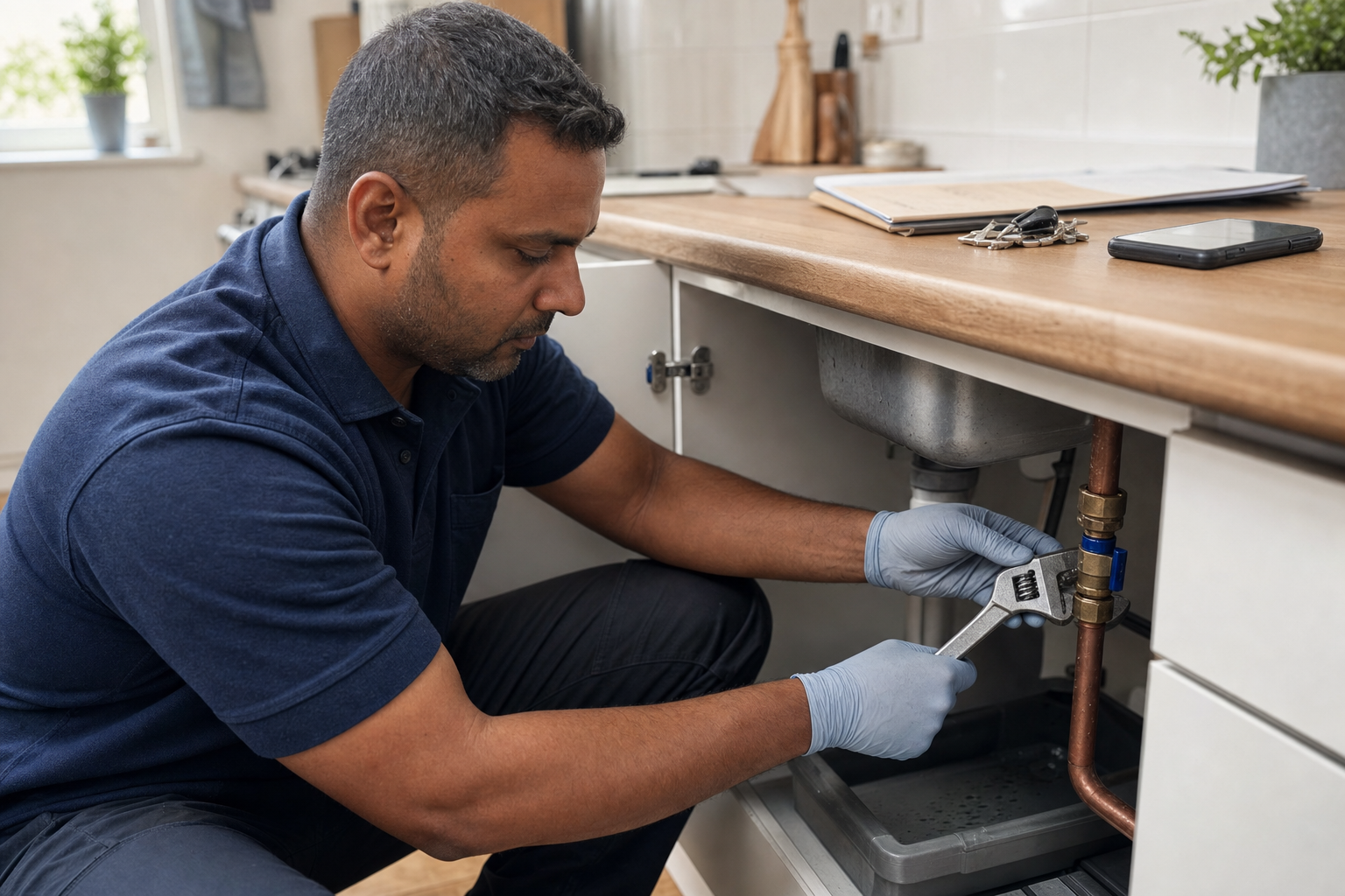 A plumber wearing gloves tightens a pipe under a kitchen sink with a wrench.