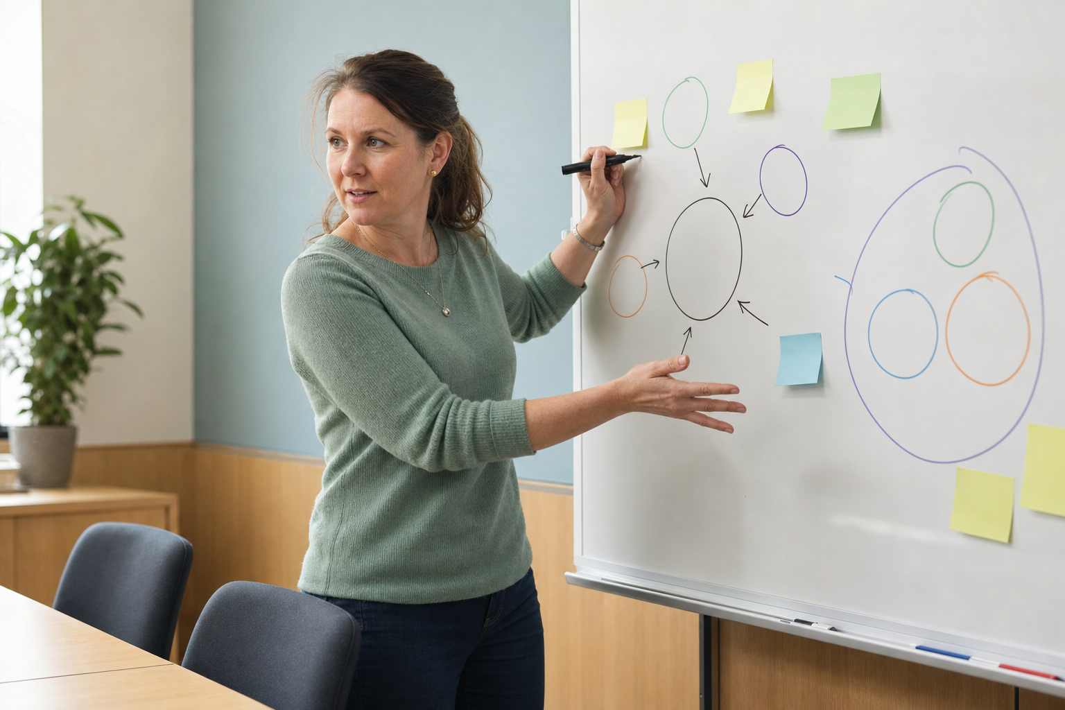 A woman explains a diagram on a whiteboard in a conference room.