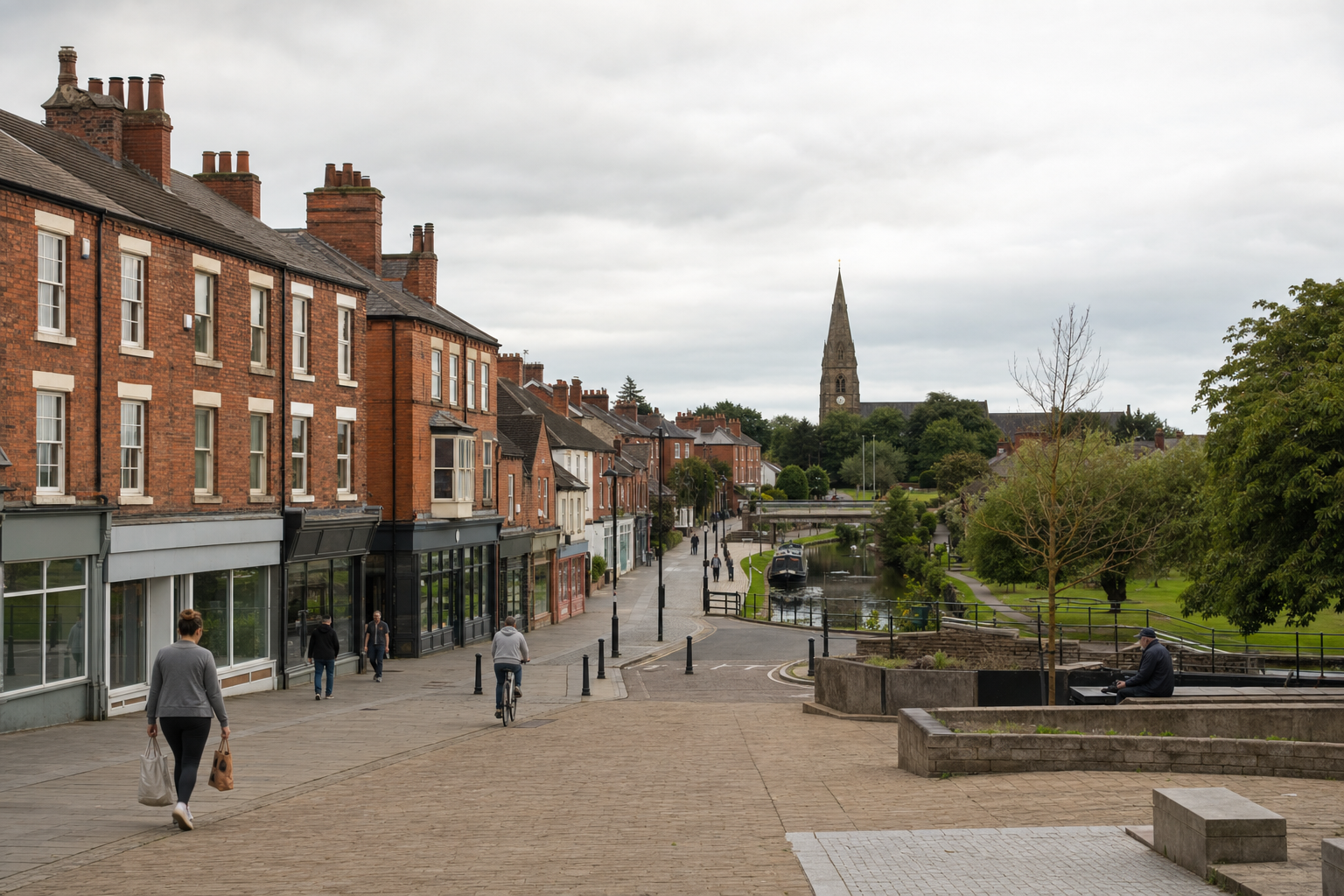 Pedestrians and a cyclist on a cobblestone street alongside red-brick buildings, with a church spire in the distance.
