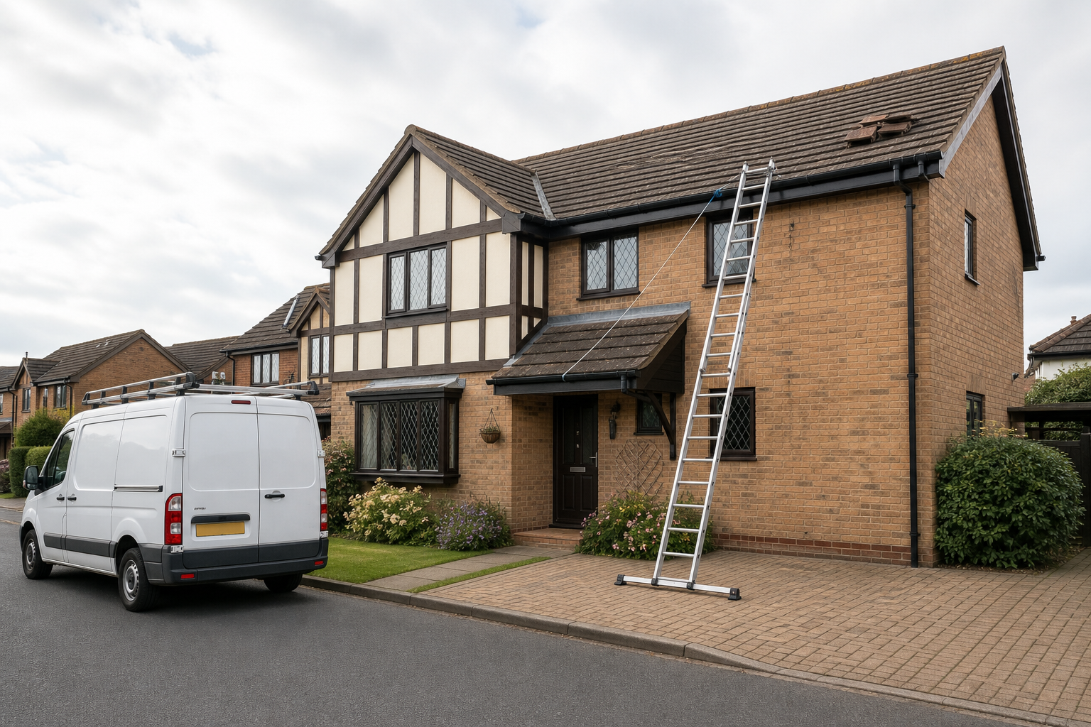 White van parked by a house, with a ladder propped against the roof, suggesting repair or maintenance work.