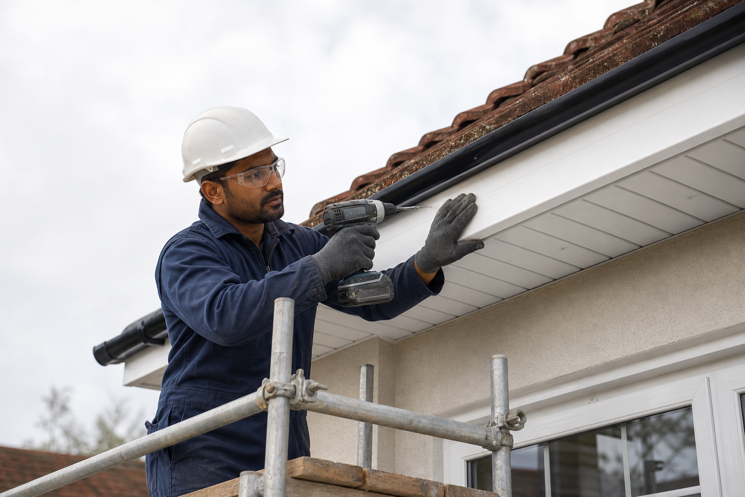 A builder on scaffolding using a power drill to work on the eaves of a house, wearing safety gear including a hard hat and goggles.