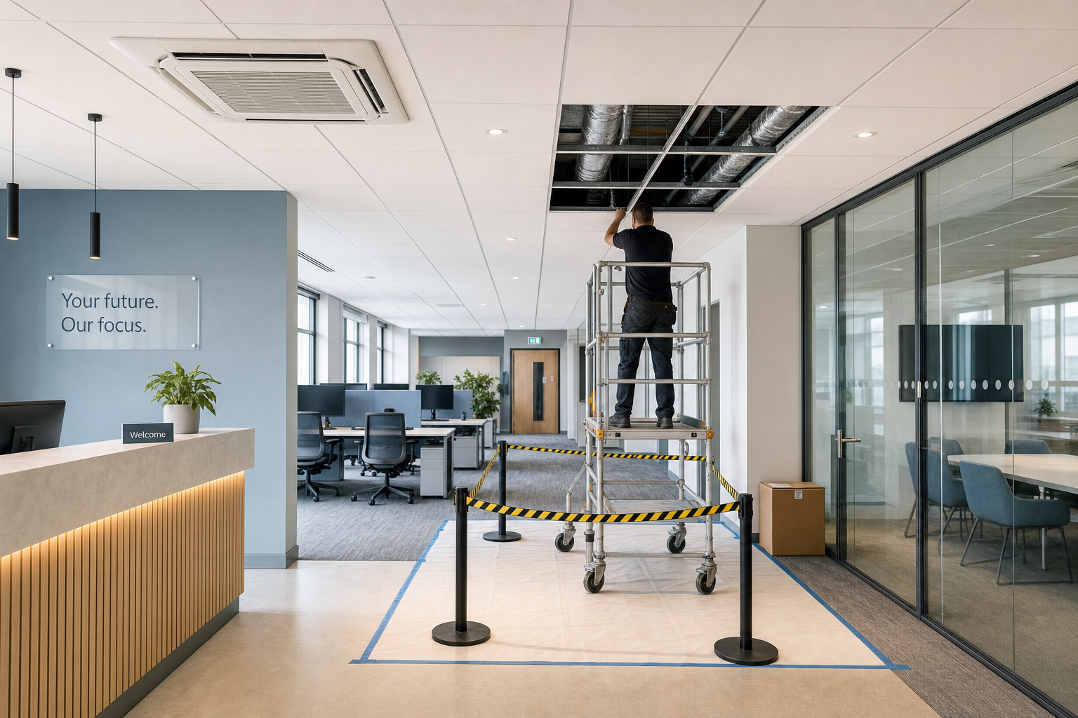 A worker stands on a scaffold inspecting the ceiling in a modern office setting.