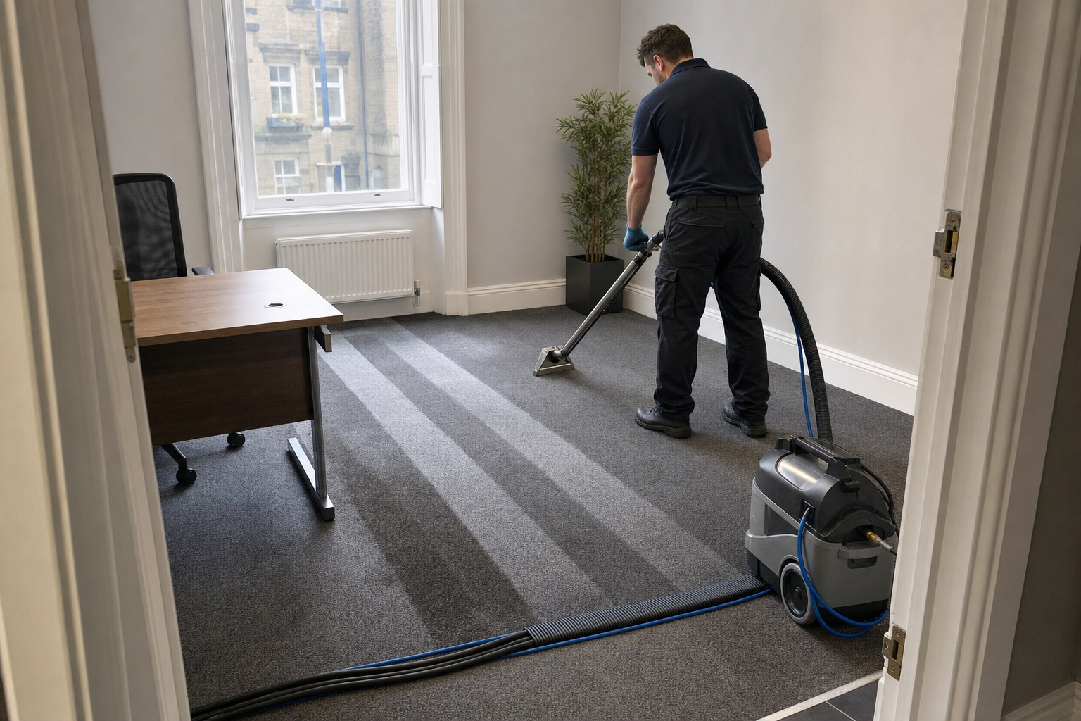 A person vacuuming a carpeted office with a professional cleaning machine and desk in the corner.