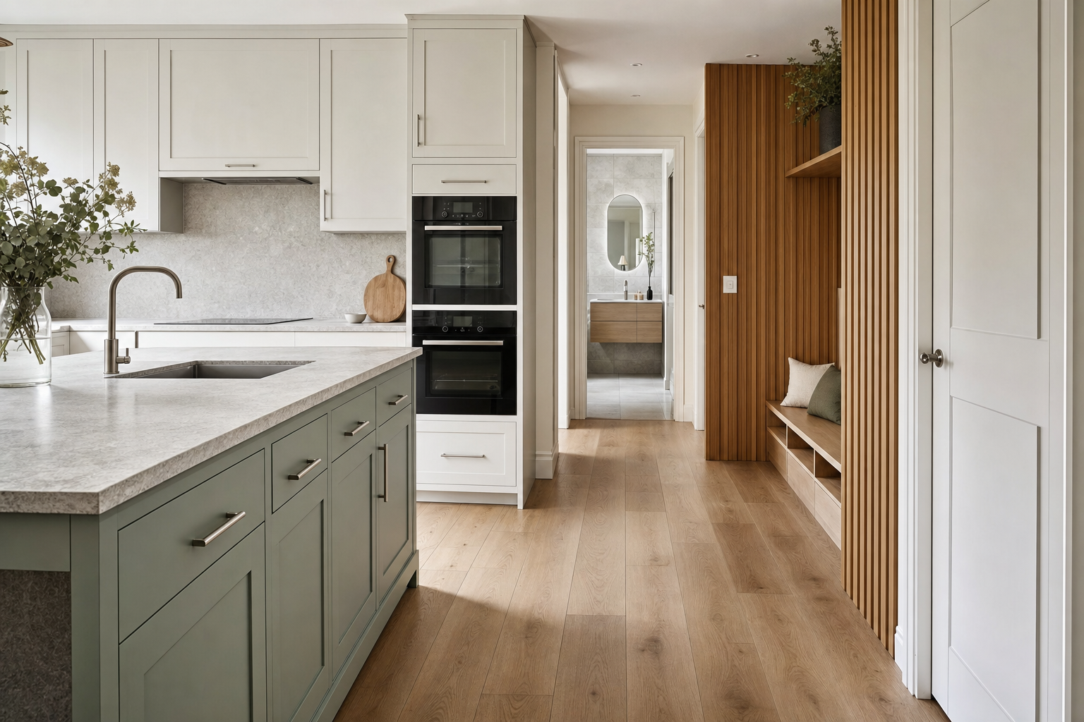 Modern kitchen with green island, white cabinets, and view into a bathroom at the end of a wood-panelled hallway.