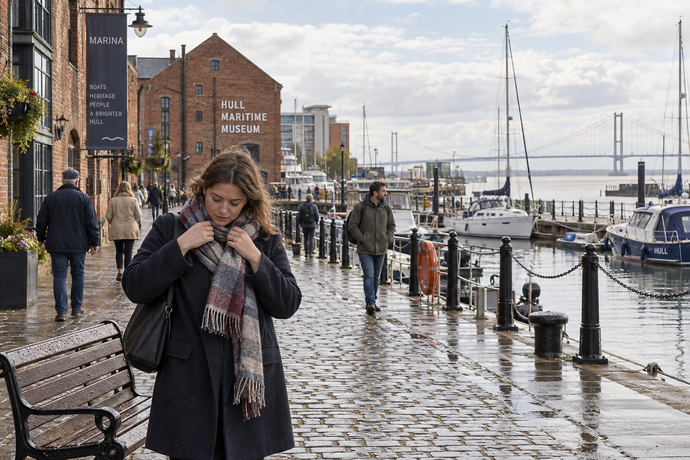 A woman walks along a cobblestone pathway near Hull Maritime Museum, with boats docked in the marina.
