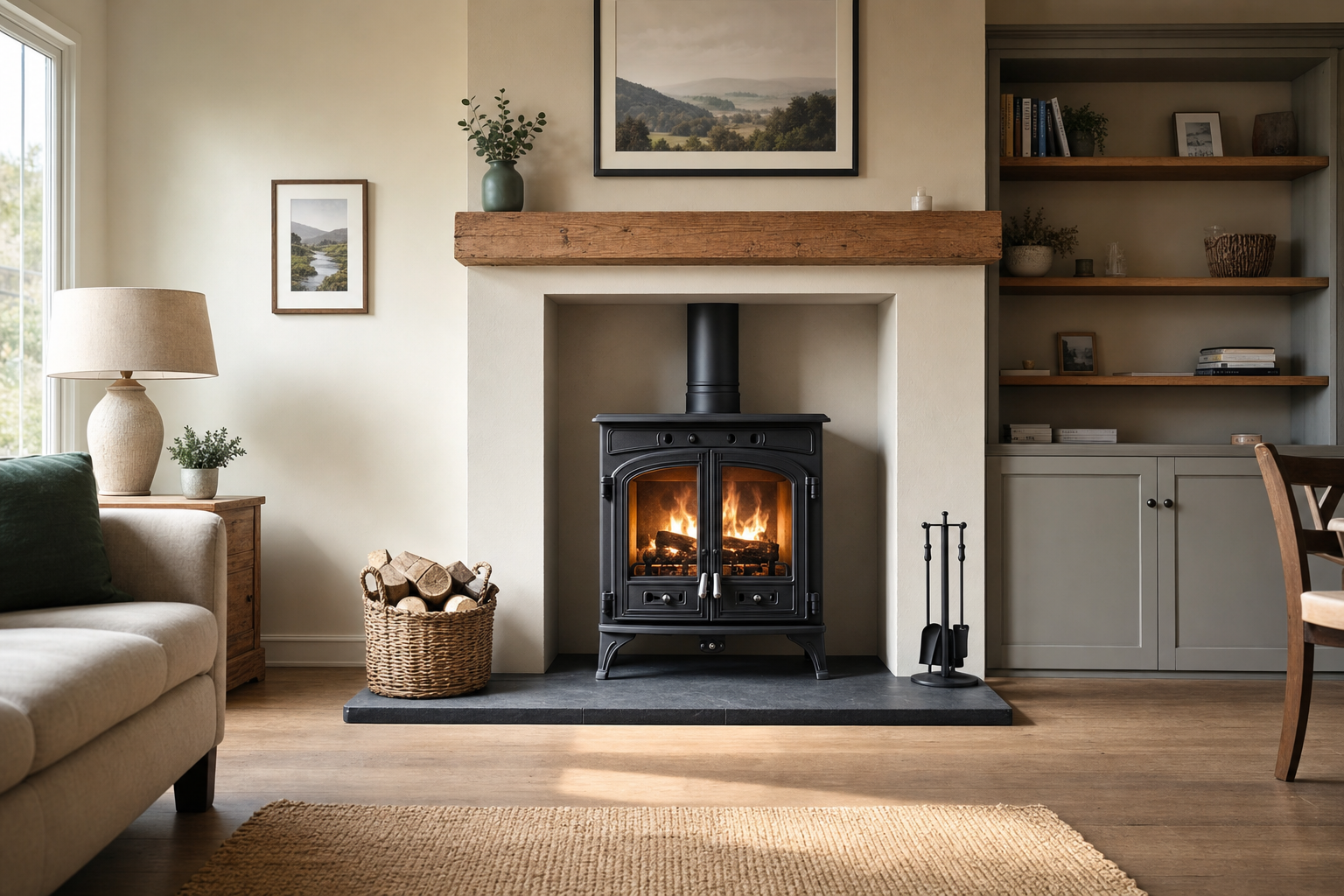Cosy living room with a lit wood-burning stove, surrounded by rustic décor and a woven basket of logs.