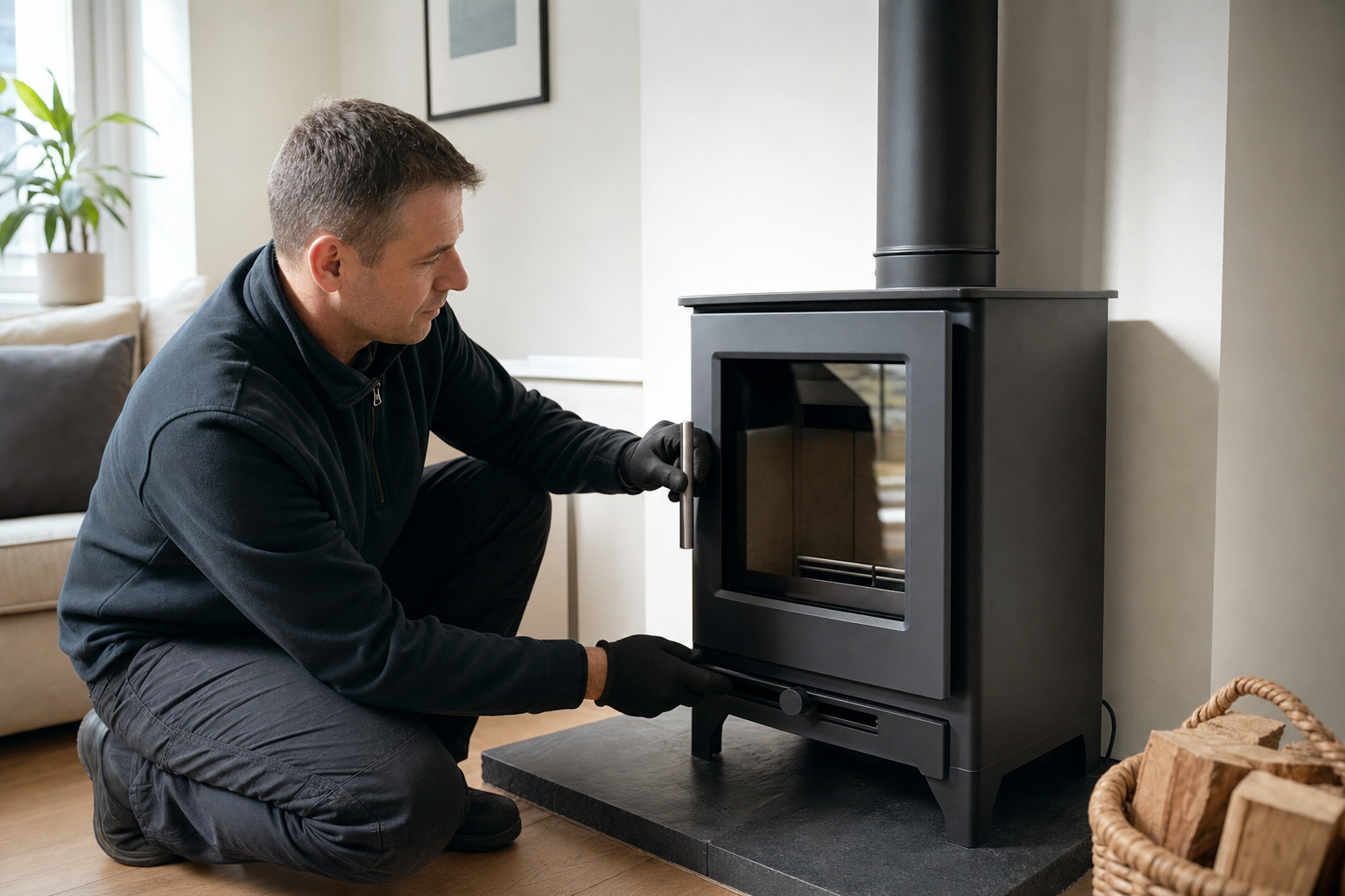 Man in black clothing adjusting a wood-burning stove in a cosy living room setting.