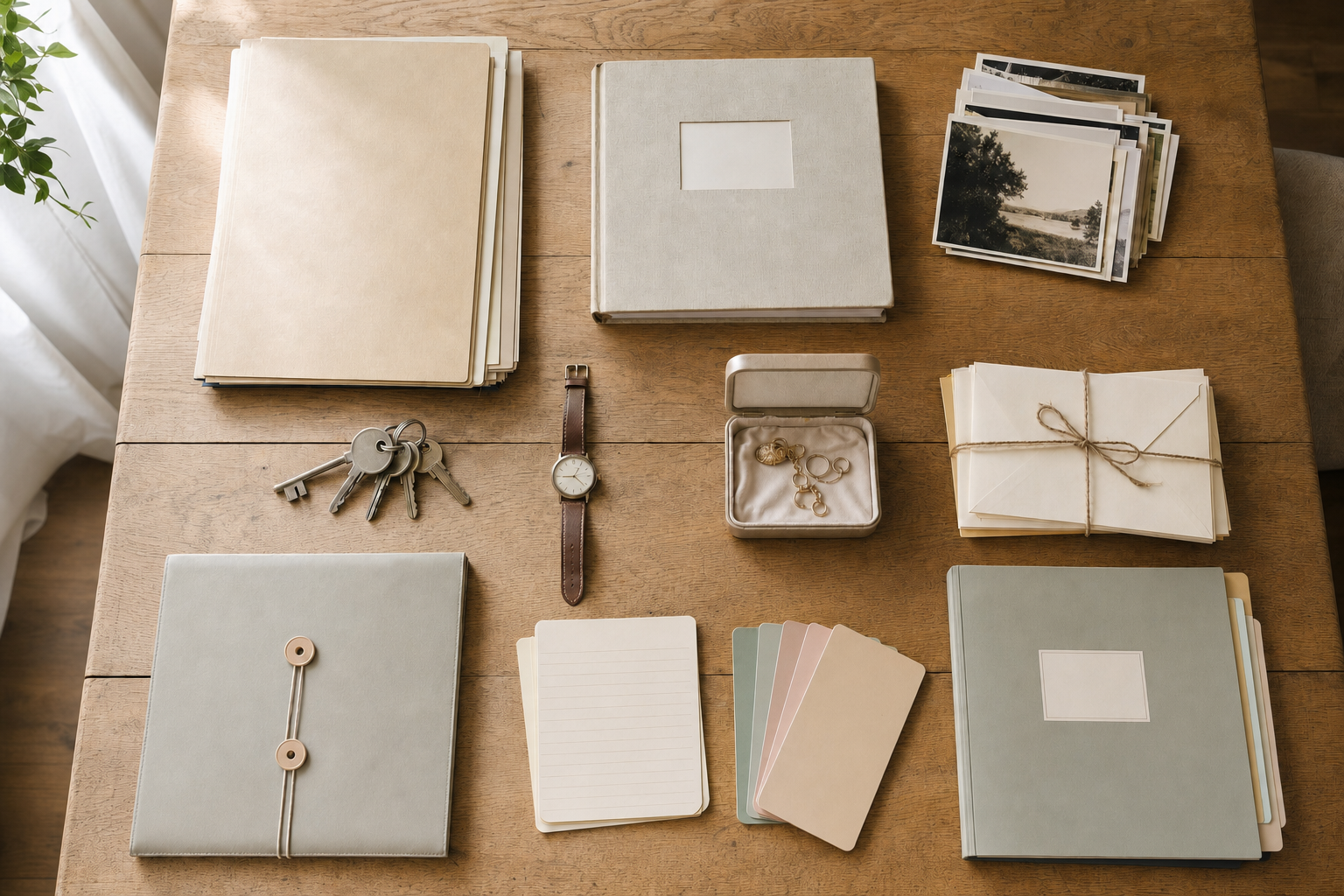 Organised collection of albums, keys, watch, letters, and nostalgic photos on a wooden table.