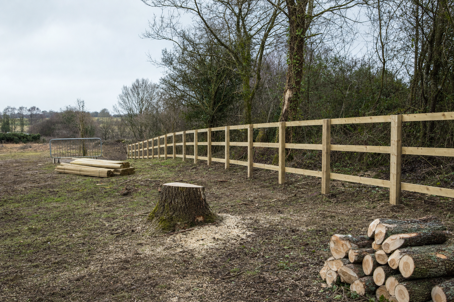 A newly constructed wooden fence stretches along a rural area with logs and a tree stump nearby.