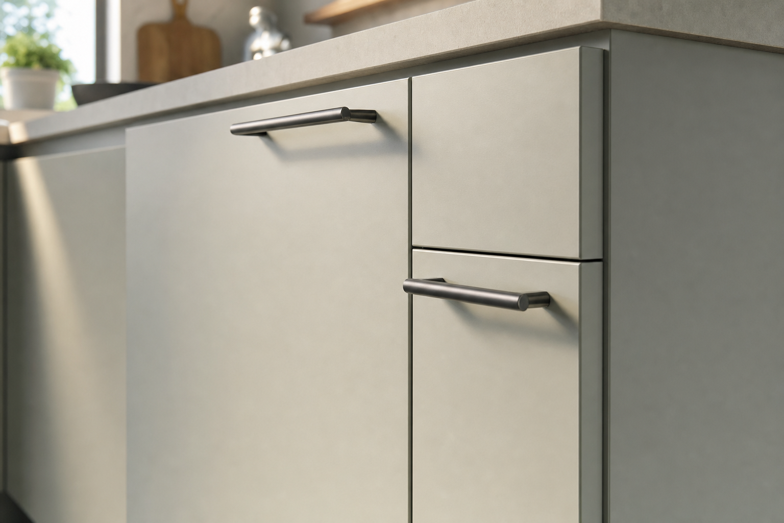 Modern grey kitchen cabinets with sleek black handles and a light worktop.