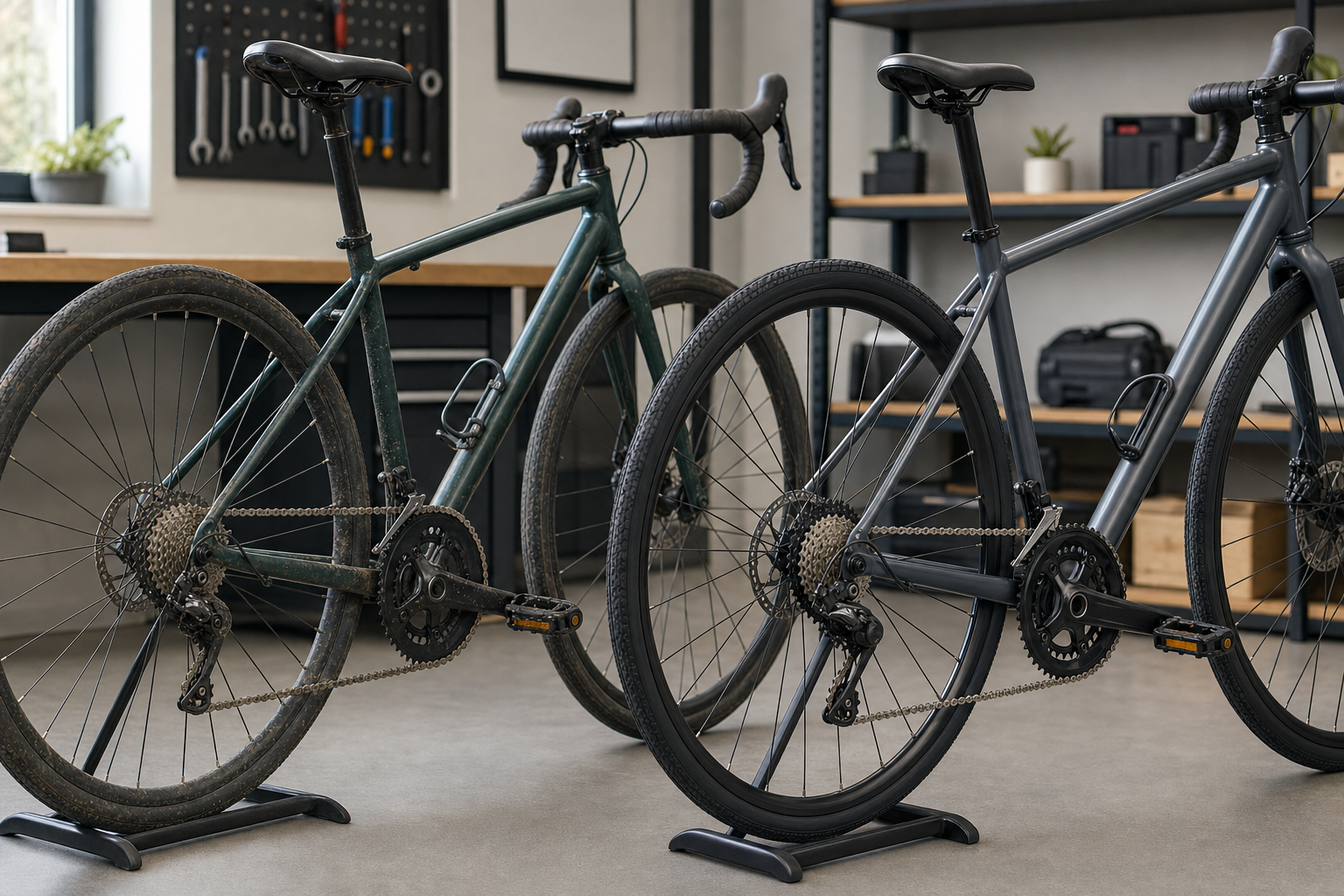 Two bicycles on stands in a modern workshop with tools and plants in the background.