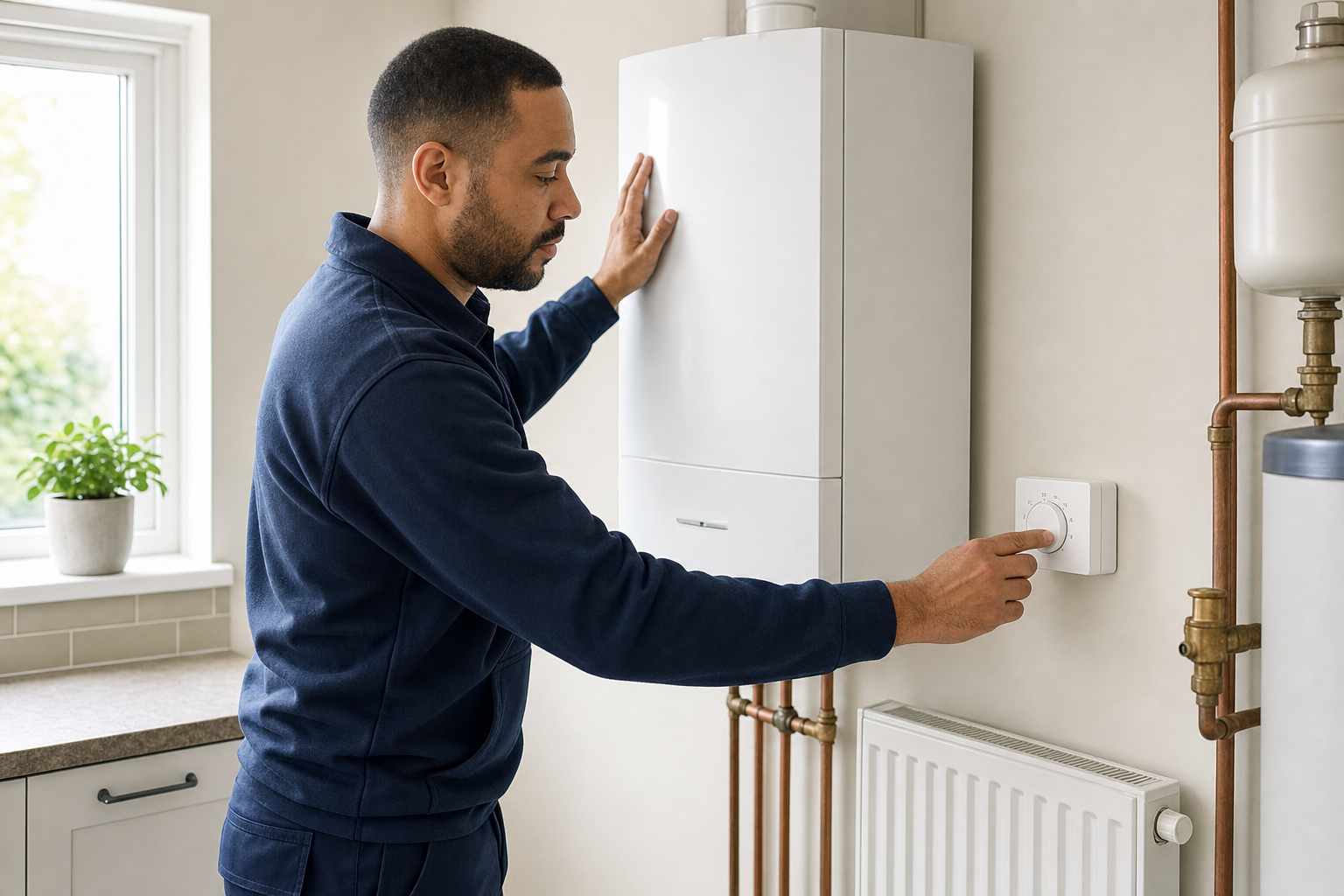 A technician adjusts the thermostat next to a wall-mounted boiler in a modern home.