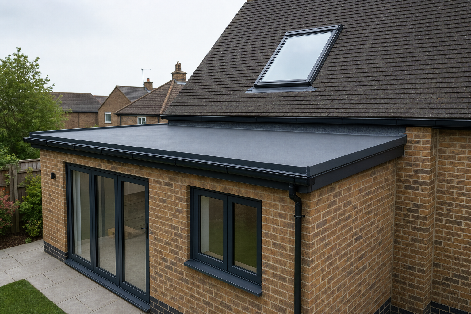 A modern brick house extension features a flat roof and large glass doors leading to a paved garden area.