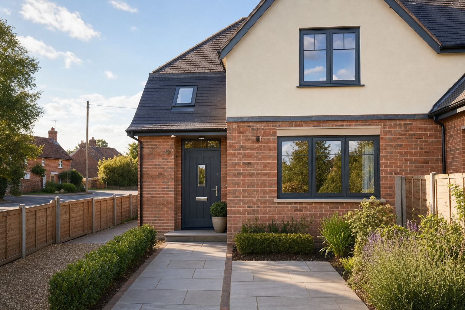 Modern brick house with grey door and windows, framed by a tidy garden and path, in a suburban setting under a clear sky.