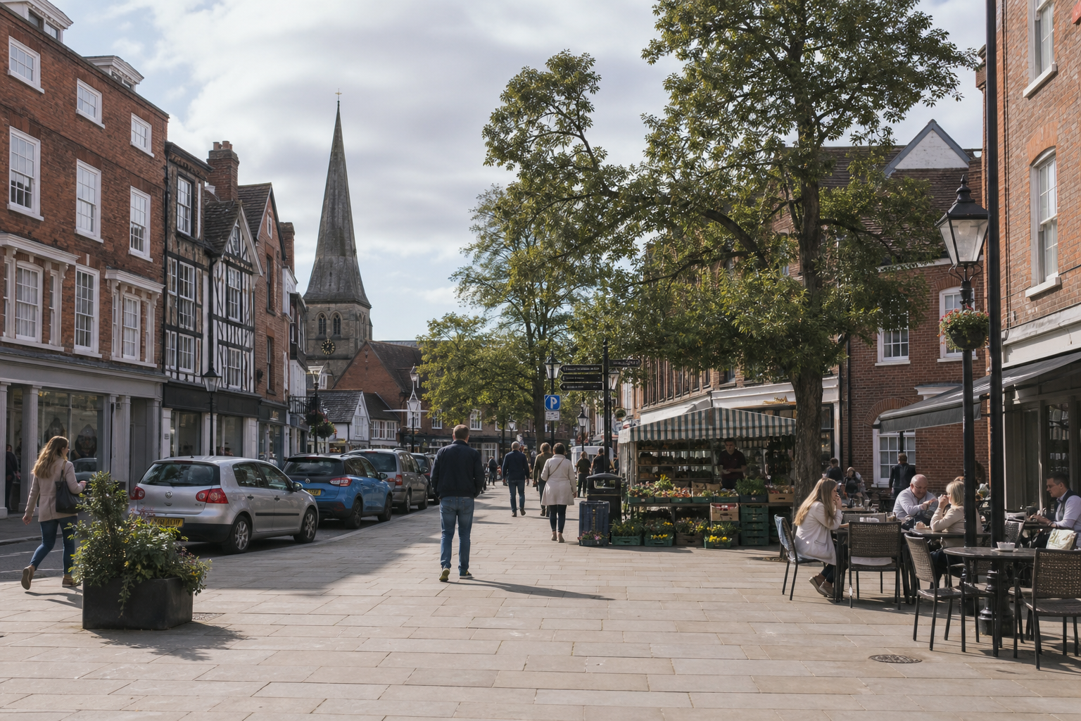 A charming street scene with people walking and dining, lined with historic buildings and a church spire in the background.