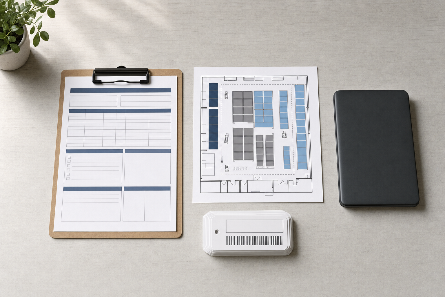Office desk with a clipboard, floor plan, device, barcode tag, and plant.