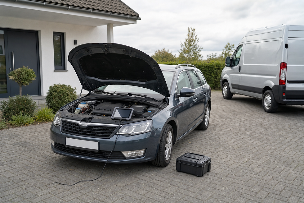 Estate car with bonnet open and diagnostic tablet connected, parked beside a house and van.