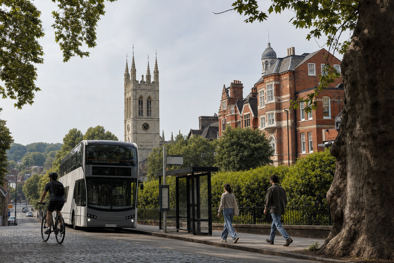 A cyclist and a double-decker bus pass by a church tower and historic buildings on a tree-lined street.