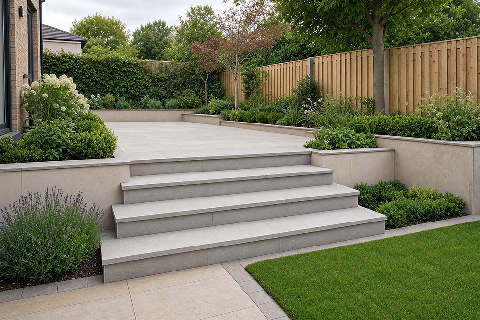 A modern garden with stone steps leading to a raised patio, surrounded by lush greenery and a wooden fence.