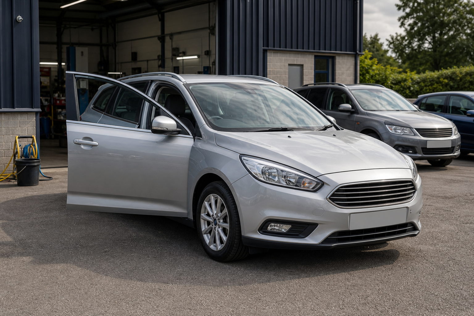 Silver car parked in front of a garage with its driver door open.
