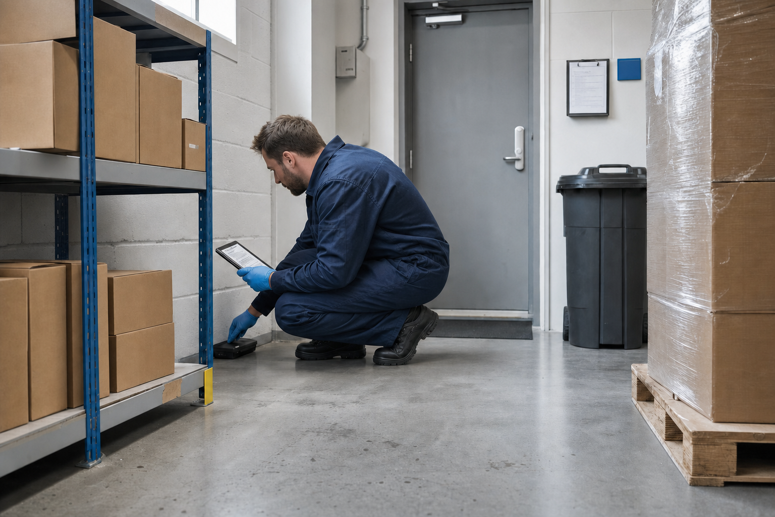 A worker in blue coveralls inspects a rat trap in a warehouse next to cardboard boxes and a pallet.