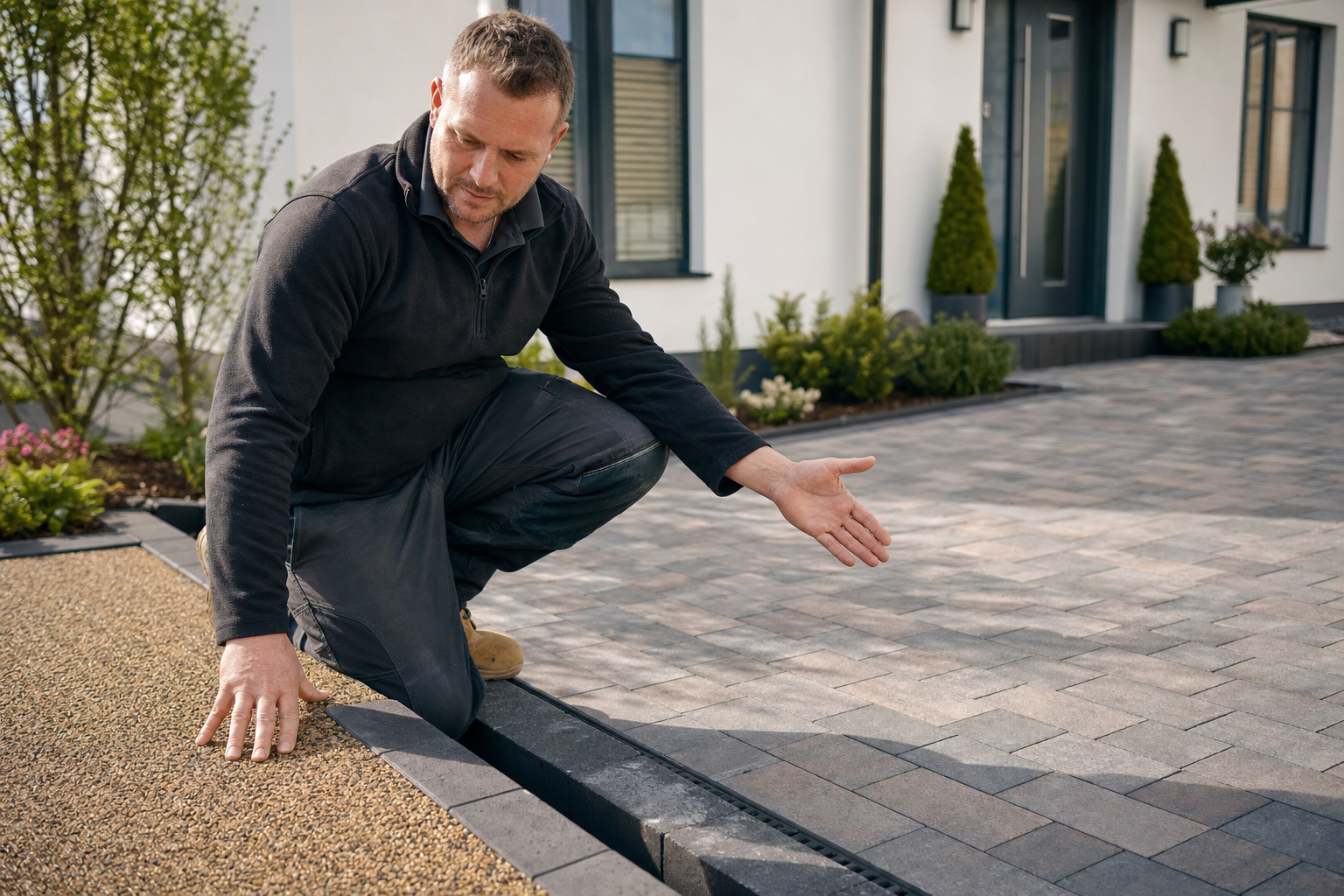 A man inspects newly laid paving stones and gravel in front of a modern house.